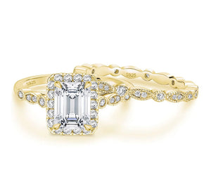 14K Gold Plated 2Ct Emerald Cut 925 Sterling Silver Bridal Ring Set