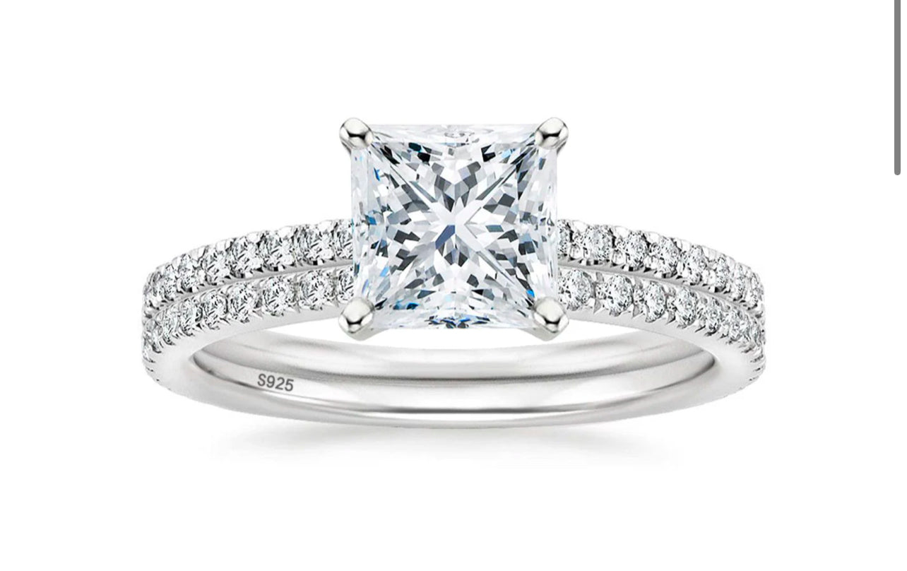 2Ct 925 Sterling Silver Princess Square Cut CZ Bridal Ring Set