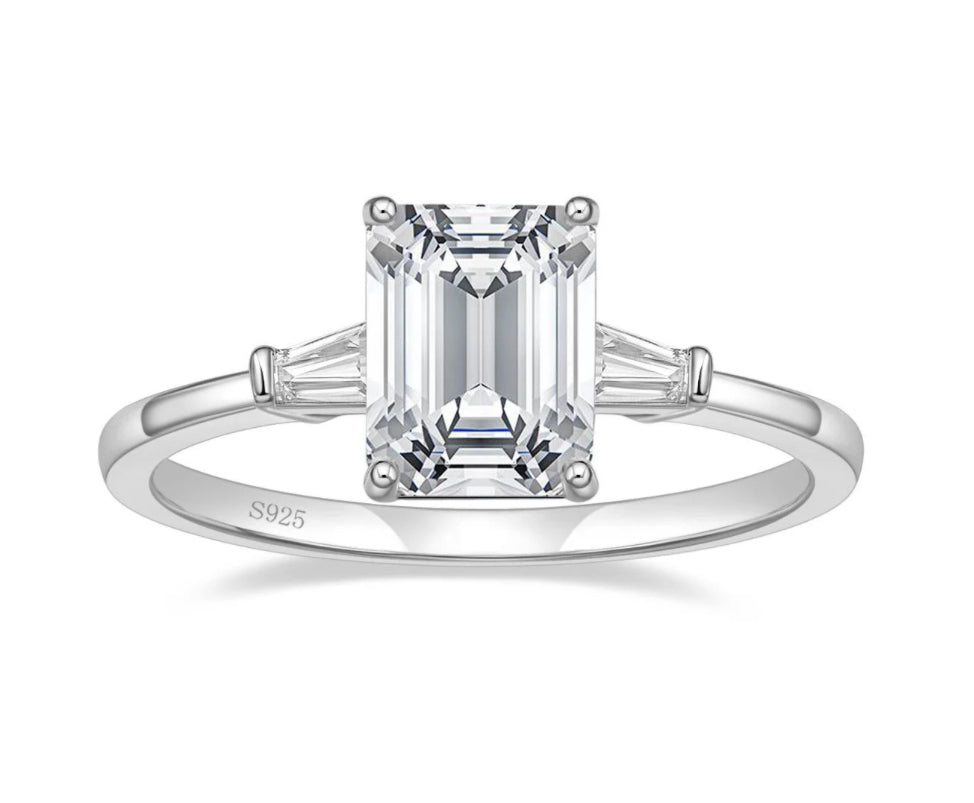 3Ct 925 Sterling Silver 3-Stone Emerald Cut Cubic Zirconia CZ Engagement Ring