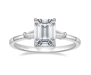 3Ct 925 Sterling Silver 3-Stone Emerald Cut Cubic Zirconia CZ Engagement Ring