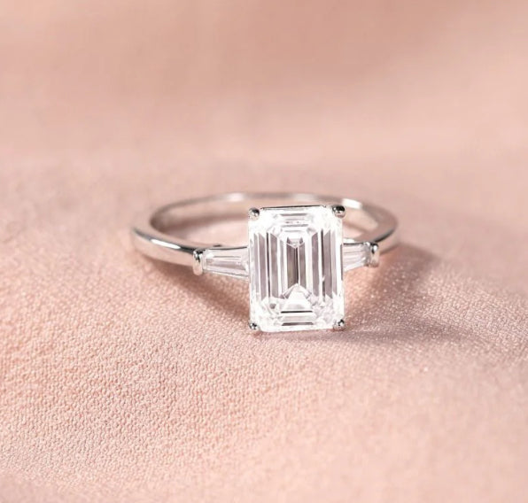 DK Quality Jewels Sterling Silver 925 CZ 3-Stone Emerald Cut Engagement Ring - Women's, Nickel-Free, Sizes 4-10