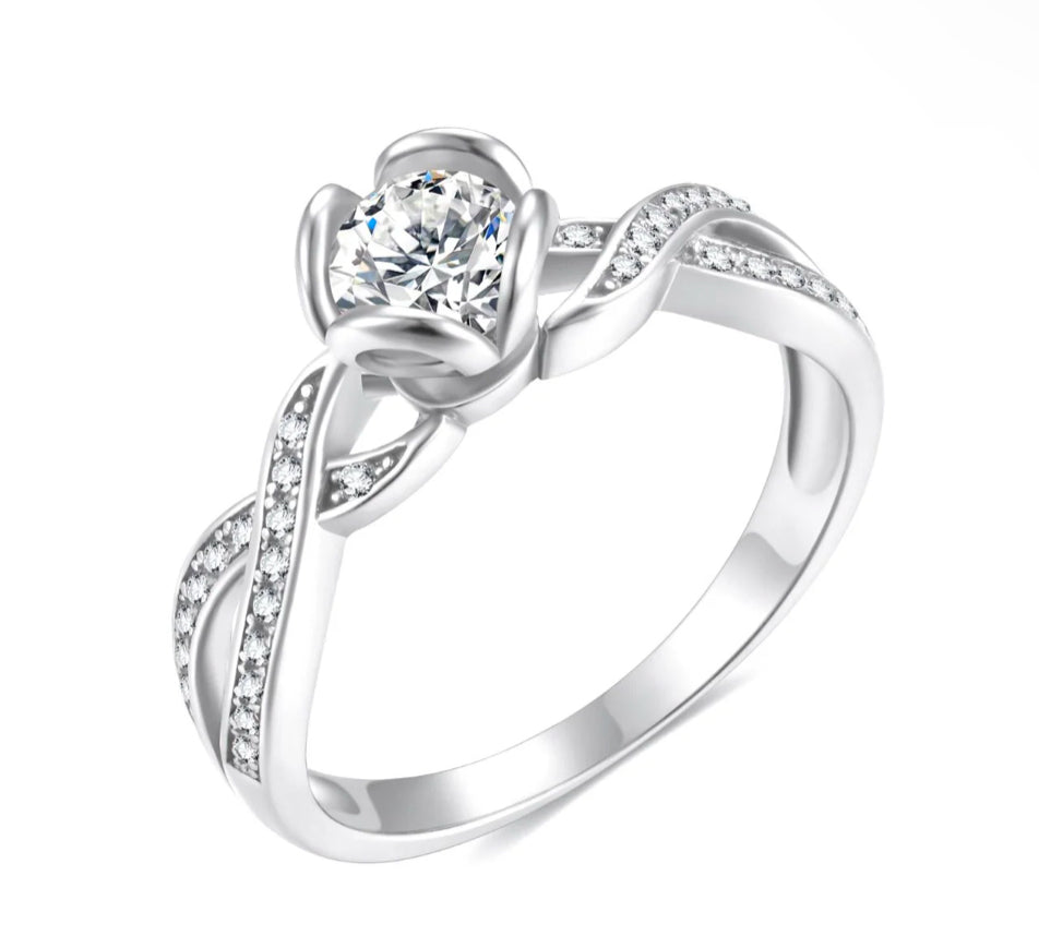 925 Sterling Silver 1 Carat CZ Round Flower Engagement Ring